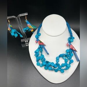 Vintage Wooden Beaded Chunky Necklace Earrings Colorful Parrot Tropical  Tiki